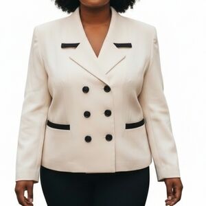 Kasper ASL Blazer 16 White Black Trim Double Breasted Front Slip Pockets Ribbed